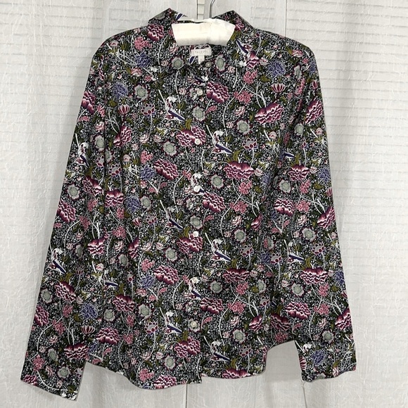 TALBOTS L Green Pink Purple Floral Long Sleeve Modern Classic Cotton Shirt - Picture 1 of 12